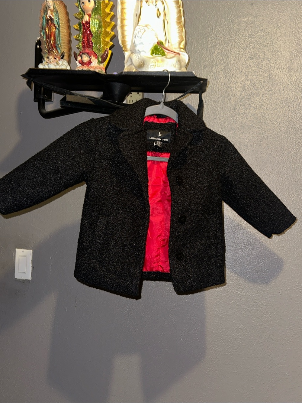 London Fog Kids Black Bouclé Pea Coat with Red Lining